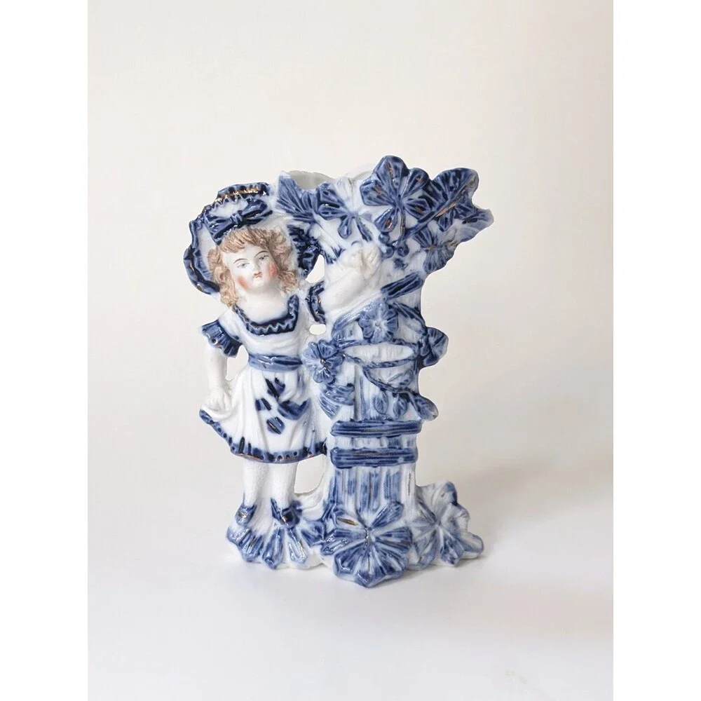 Antique German Mantel Vases Pair Boy Girl Blue White Porcelain Figurines‎ c1900
